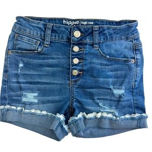 Hippie Girl High Rise Shortie Denim Distressed Lace Trim Shorts Size 8